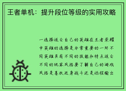 王者单机：提升段位等级的实用攻略